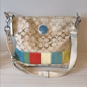 Coach Cream and Blue Shoulder Bag with Signature Monogram